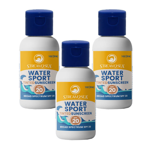 Stream 2 Sea SPF 20 tinted sunscreen bottle for travel-friendly sun protection.