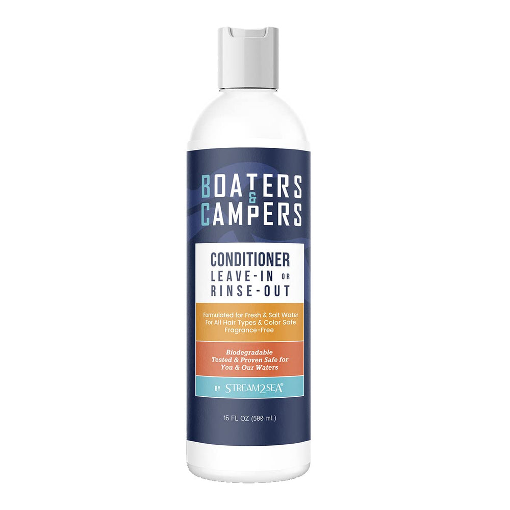Stream2Sea bottle pour demonstrates travel-ready reef-safe conditioner.