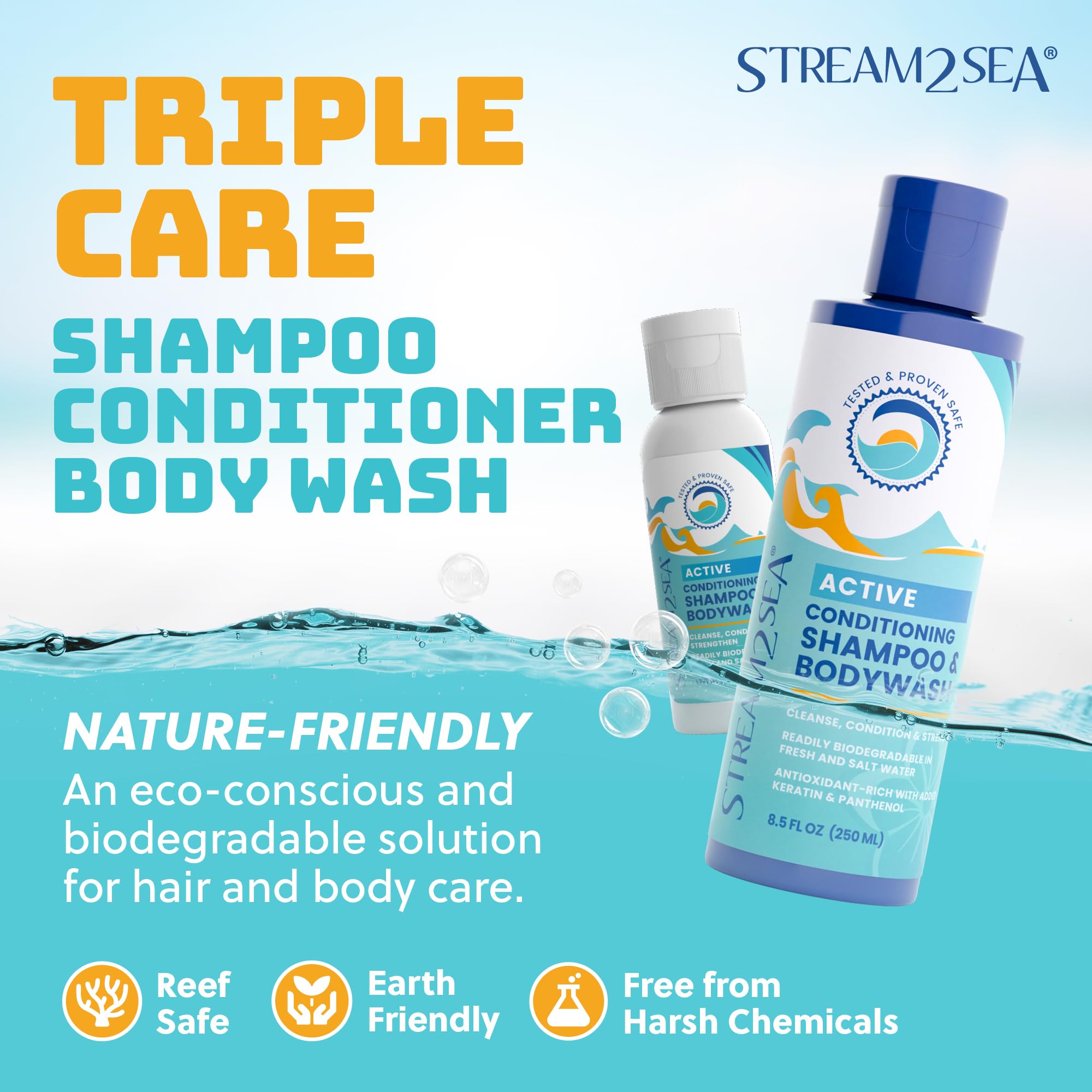 Stream2Sea swimmers shampoo ingredients on display with green tea, tulsi, wakame, olive leaf.