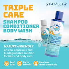 Stream2Sea swimmers shampoo ingredients on display with green tea, tulsi, wakame, olive leaf.