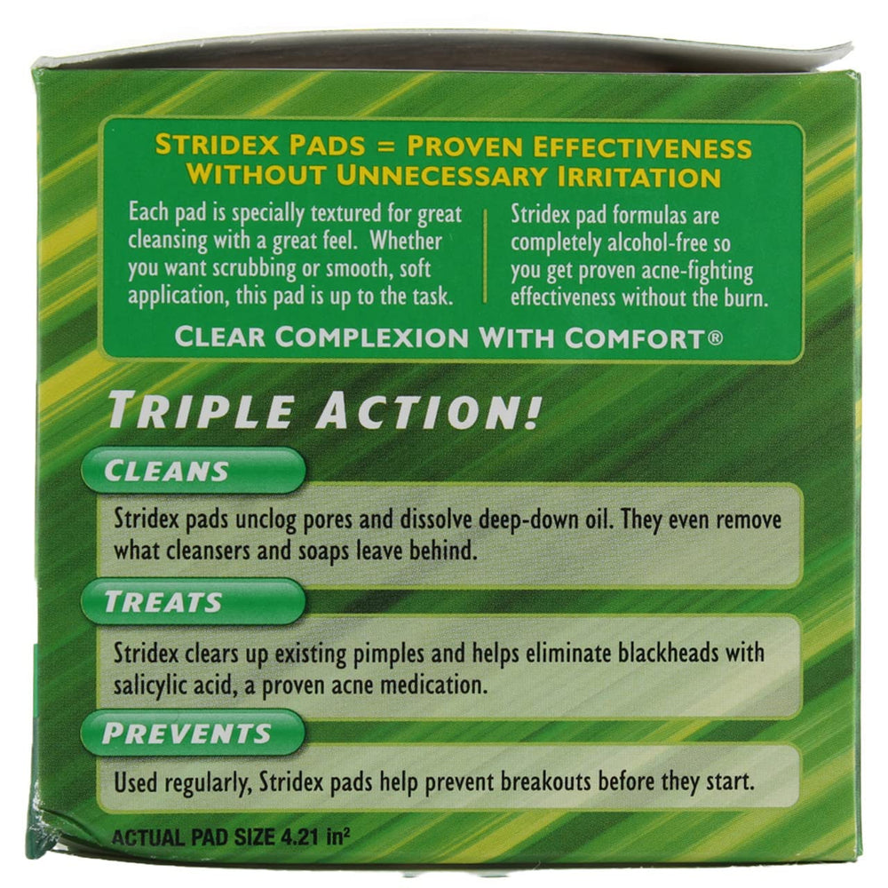 Stridex Daily Care Aloe pads label highlights alcohol-free formula benefits.