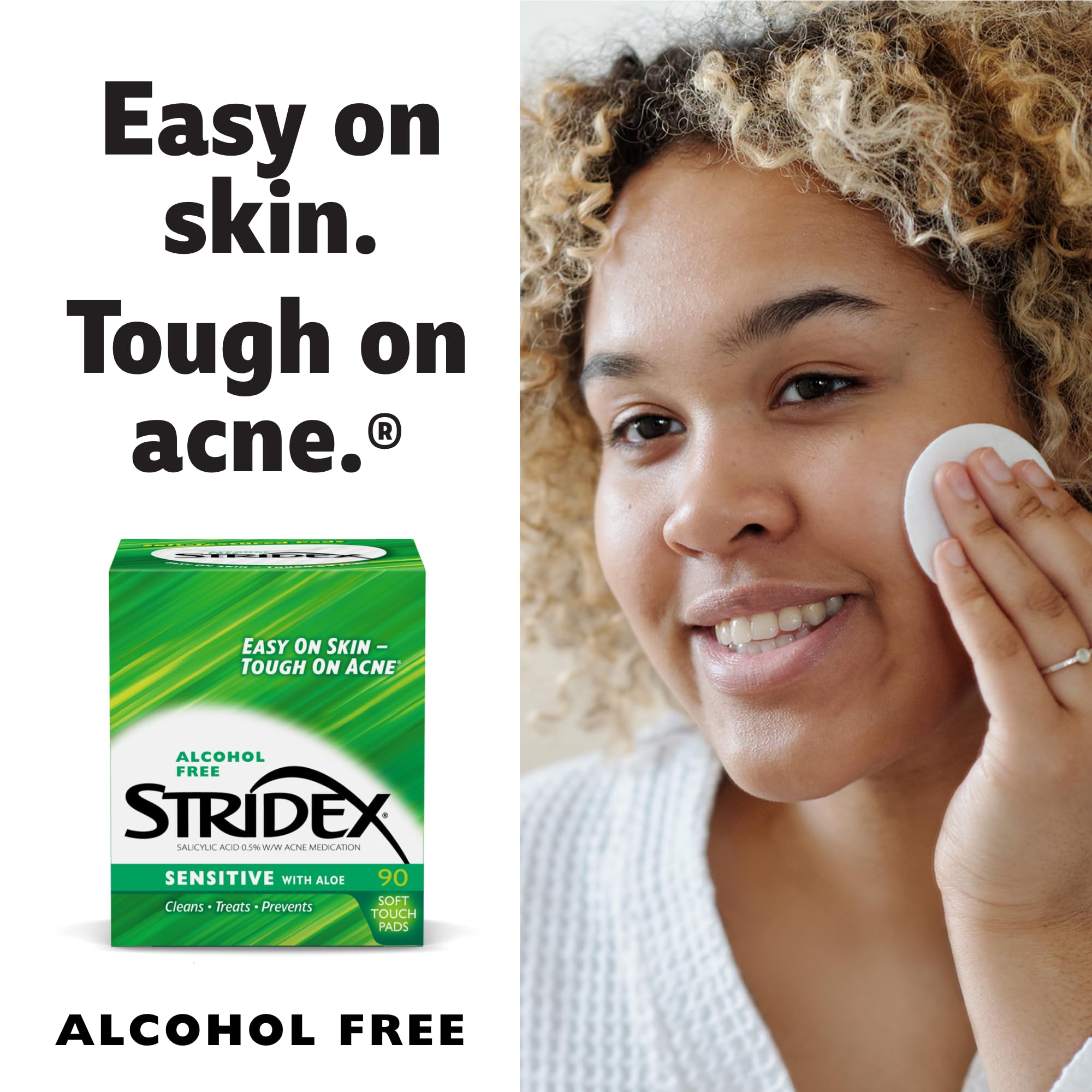Stridex Sensitive Pads alcohol-free claim image communicates irritation-free treatment.