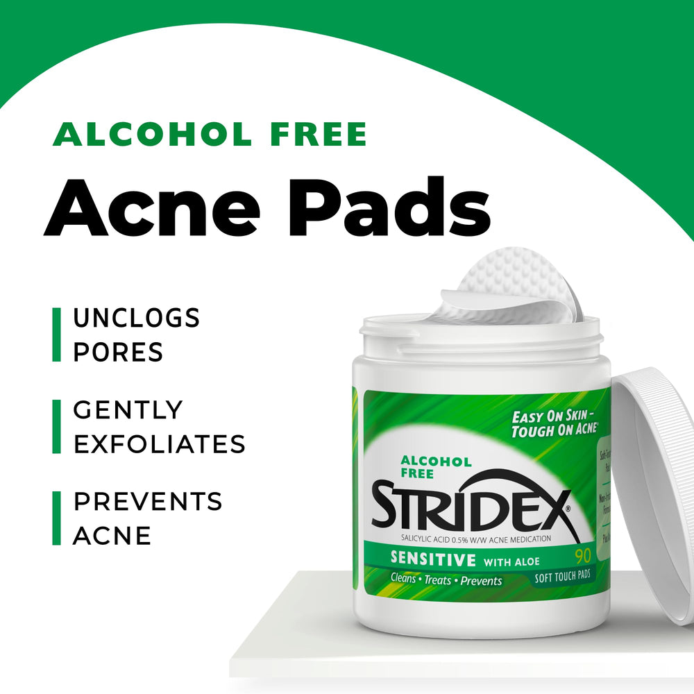 Stridex Sensitive Pads aloe soothing detail emphasizes gentle care for irritated skin.