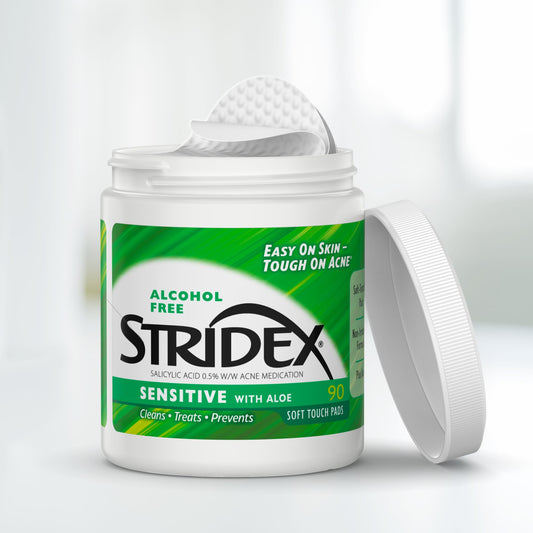 Stridex Sensitive Pads textured pad closeup highlights effective cleaning with 0.5% salicylic acid.