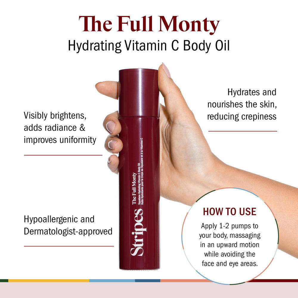 STRIPES Beauty Naomi Watts Full Monty bottle pour close-up showing silky oil texture.