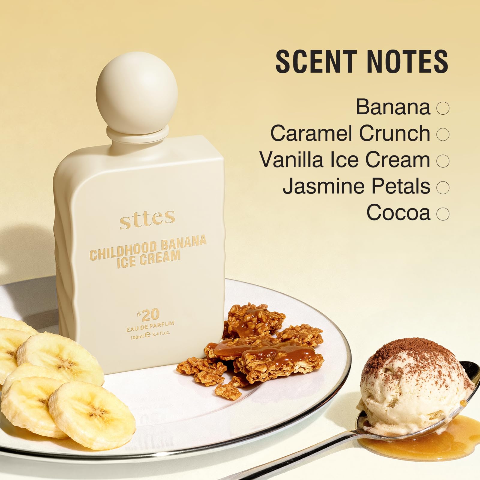 100ml bottle packaging sits elegantly, framed with caramel accents.