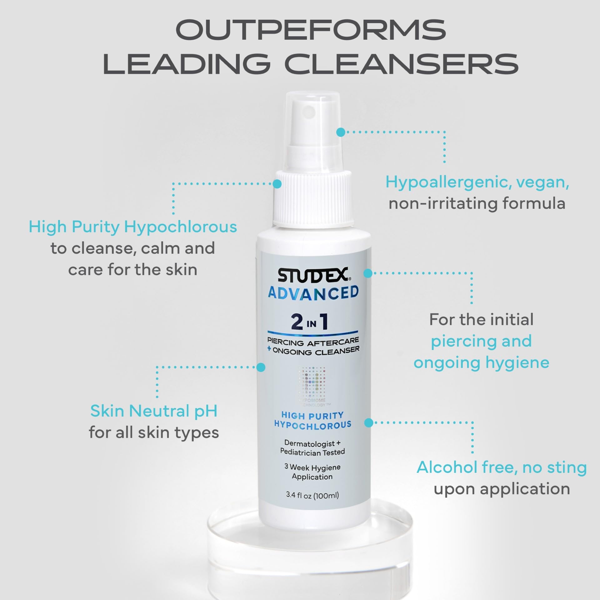 Studex Advanced 2-in-1 aftercare hypochlorous solution bottle on counter