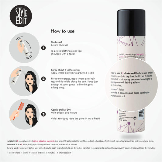 STYLE EDIT applying root concealer spray helps even out gray roots in seconds.