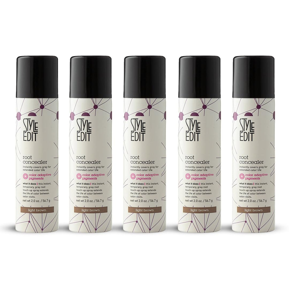 STYLE EDIT root concealer spray closeup in light brown delivering quick grey coverage.