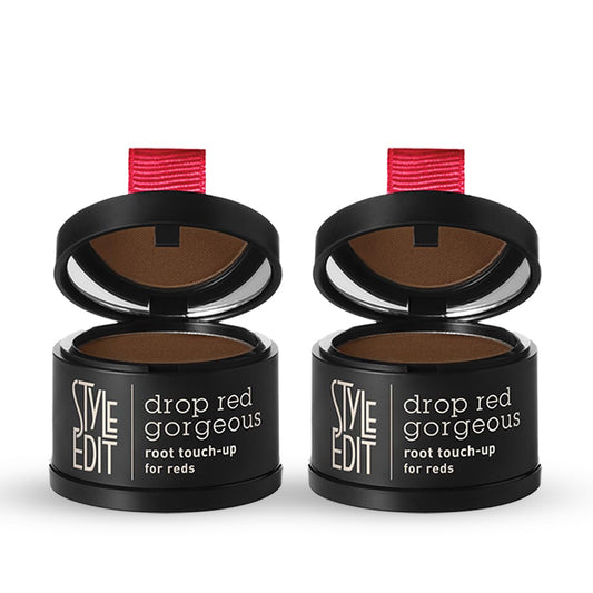 Style Edit Root Touch Up Powder bottle for dark red hair provides quick gray coverage.