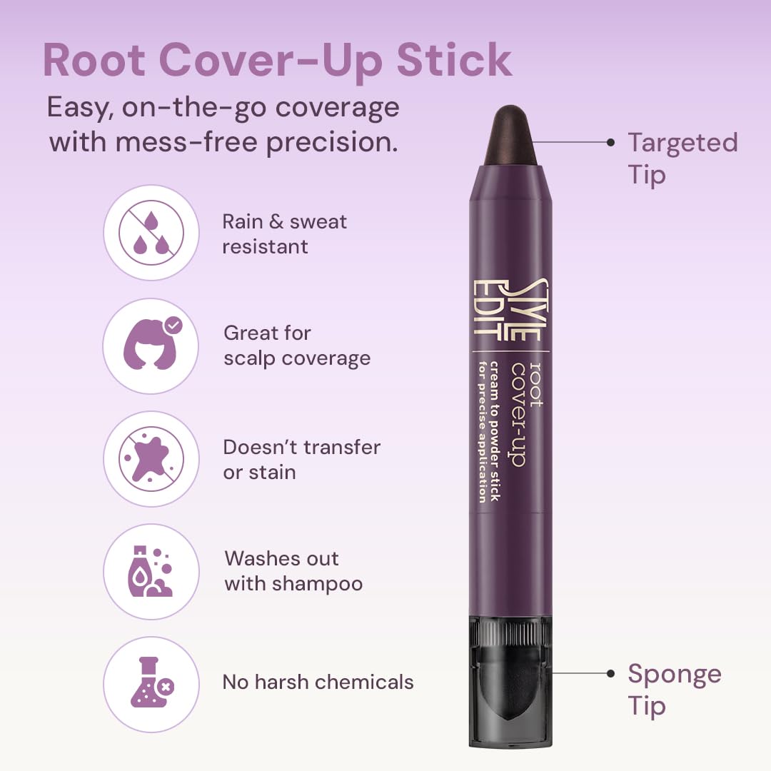 Style Edit Root Touch-Up Stick close-up showing color-adaptive pigments blending naturally.