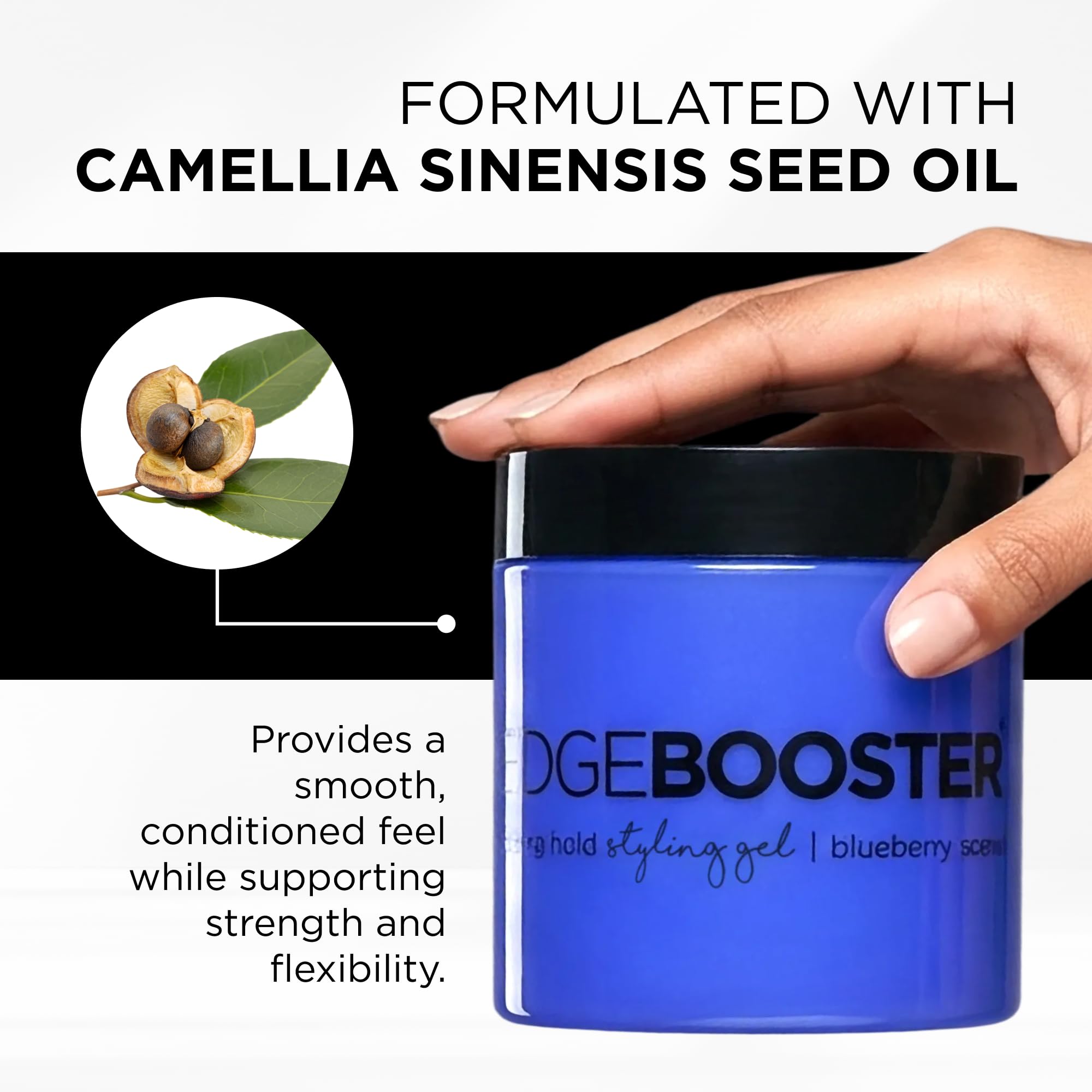 Style Factor EDGE BOOSTER with camellia seed oil for shine and nourishment.