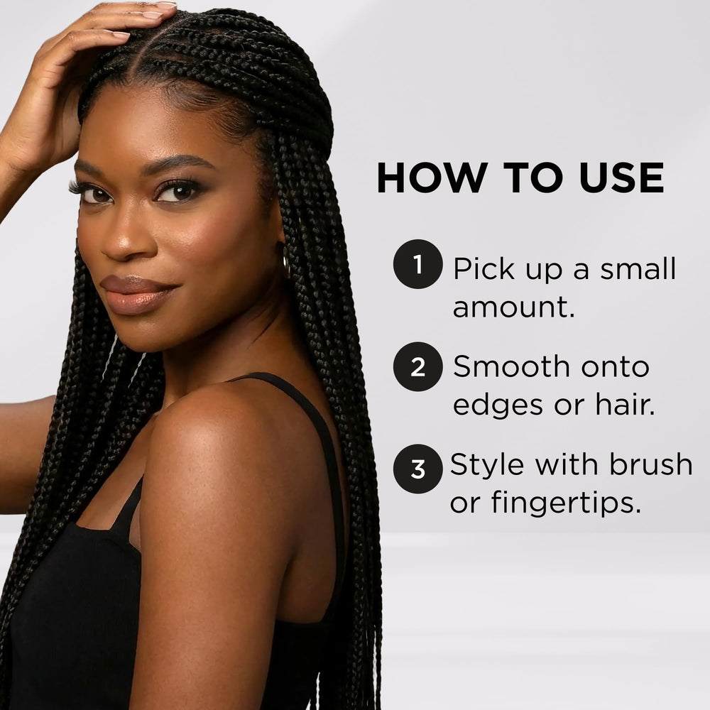 Edge Booster Hideout helps blend natural hair with wigs for a cohesive look.