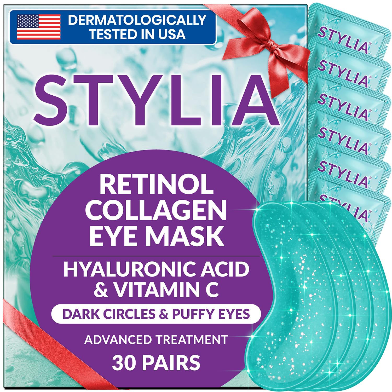 Stylia under eye patches packaging close-up for premium hydration.