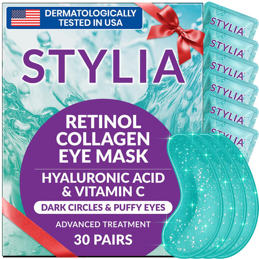 Stylia under eye patches packaging close-up for premium hydration.