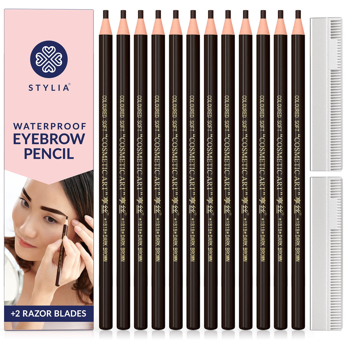 Stylia waterproof eyebrow pencils 12pc display with long-lasting color for defined brows