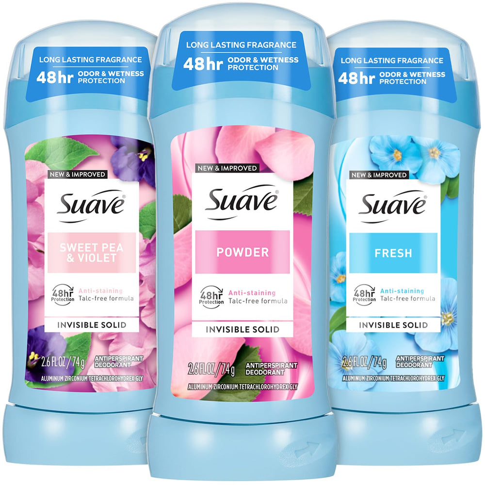 Suave 3-pack variety box shows packaging and scent options for travel