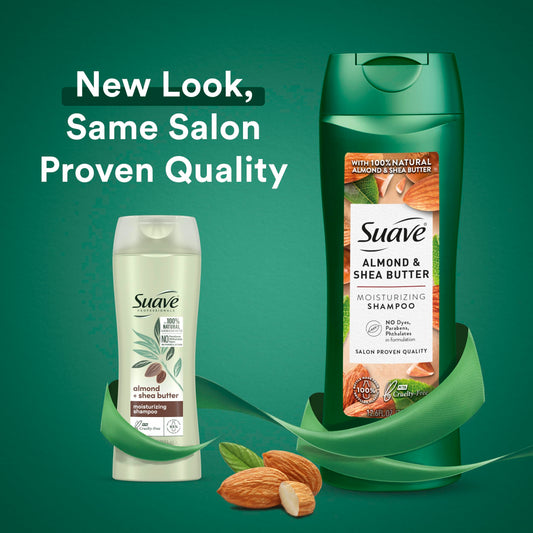 Suave Almond & Shea Butter conditioner bottle delivers smooth, hydrated strands.