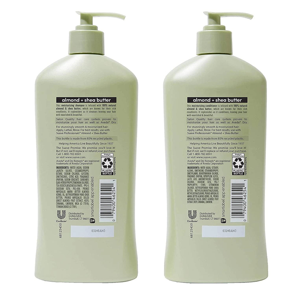 Suave Almond + Shea Butter conditioner tube offers silk-like detangling and smoothness.