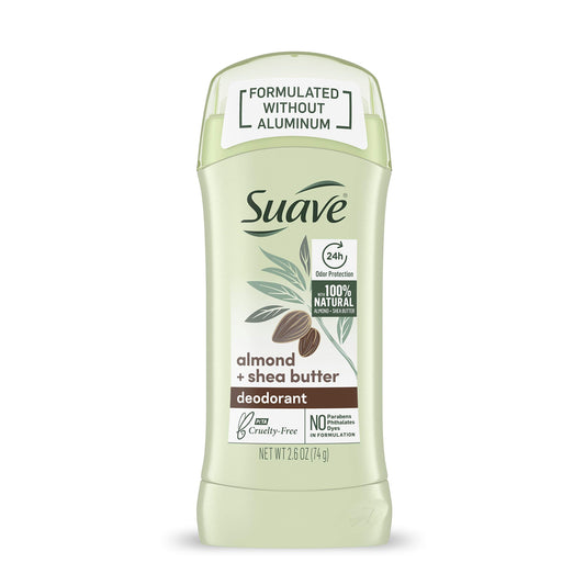 Suave Almond & Shea Butter aluminum-free deodorant stick, front view, provides all-day odor protection.
