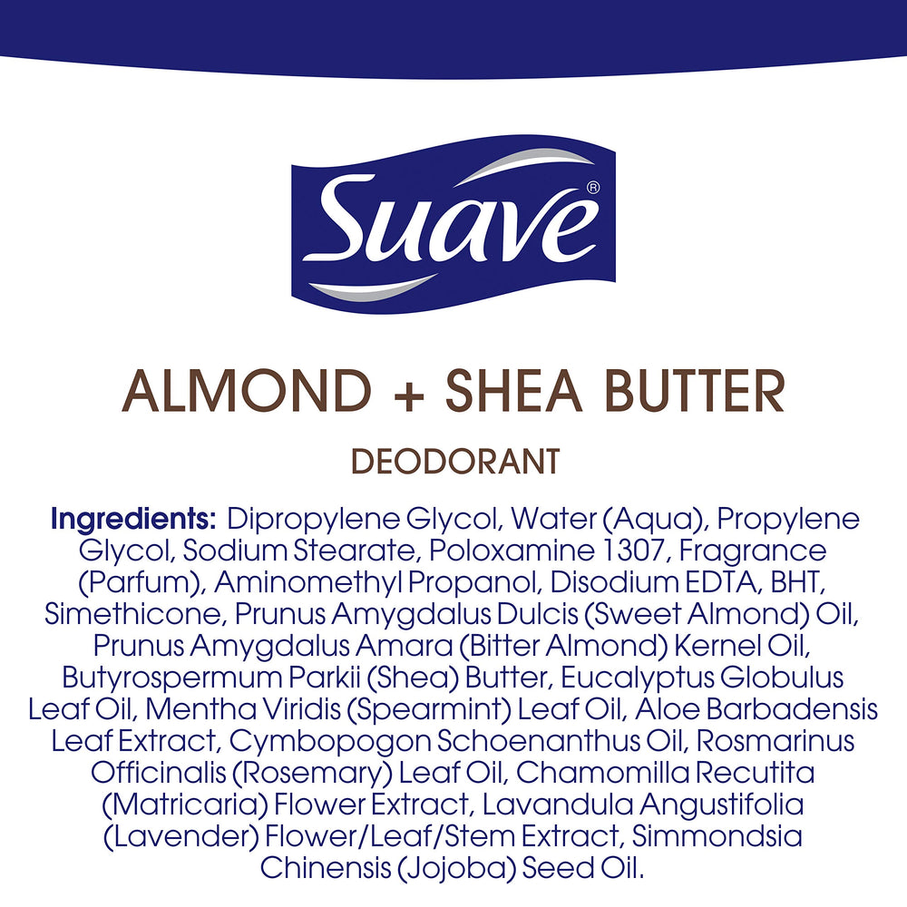 Suave almond-shea butter deodorant stick in lifestyle shot showing no white marks on clothing.