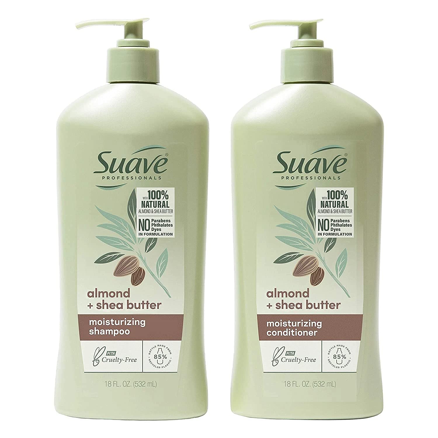 Suave Almond + Shea Butter shampoo bottle shows deep hydration for dry hair.