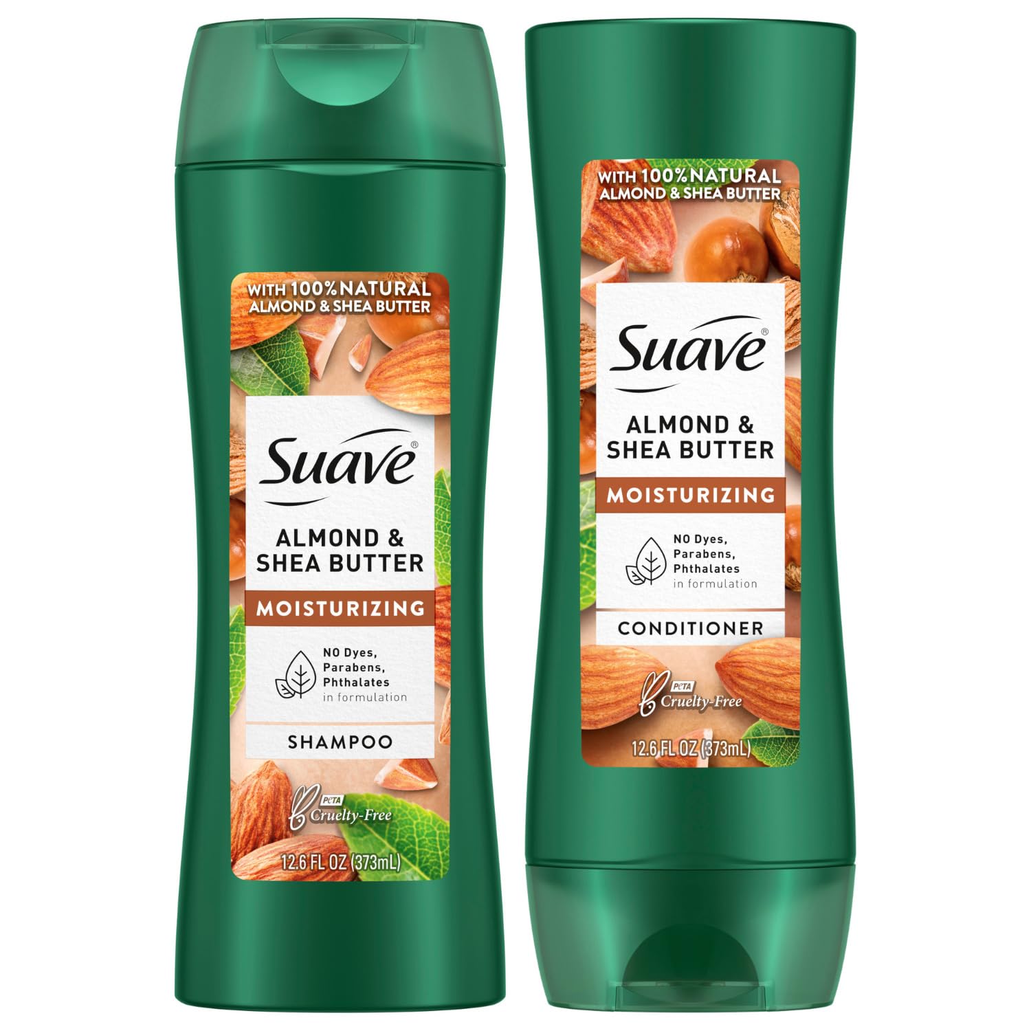 Suave Almond & Shea Butter shampoo bottle provides lightweight moisture for dry hair.