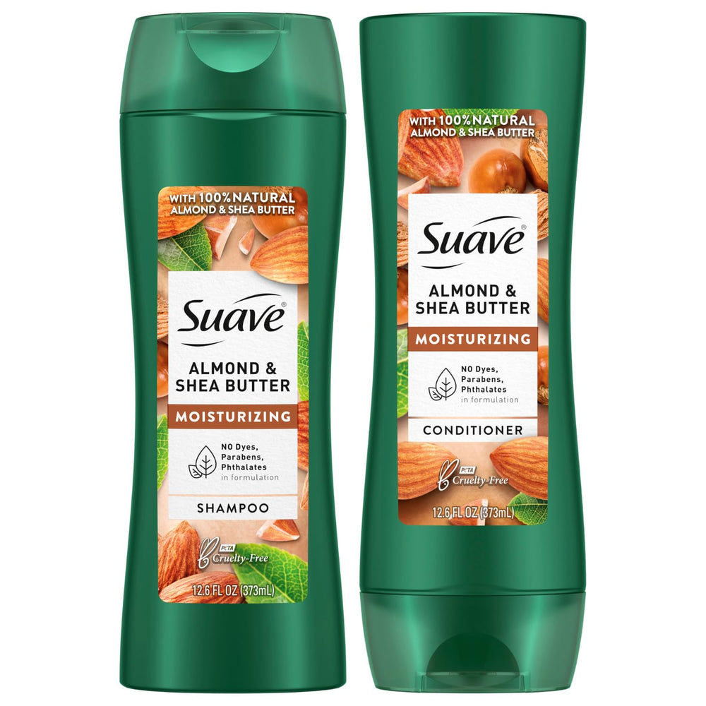 Suave Almond & Shea Butter shampoo bottle provides lightweight moisture for dry hair.
