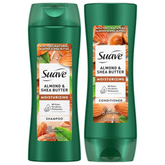 Suave Almond & Shea Butter shampoo bottle provides lightweight moisture for dry hair.