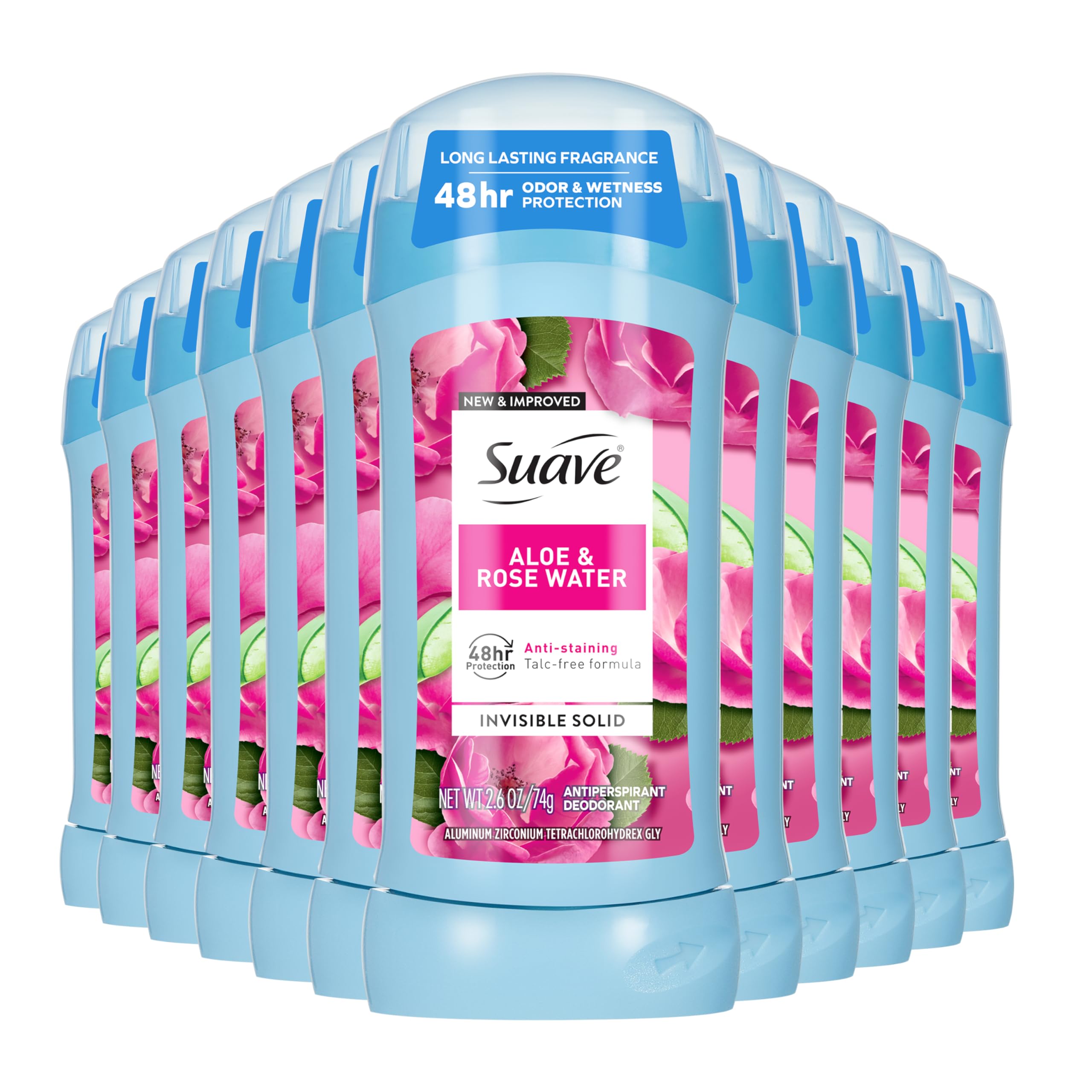 Suave Aloe & Rose Water deodorant stick ready for everyday use with invisible protection.