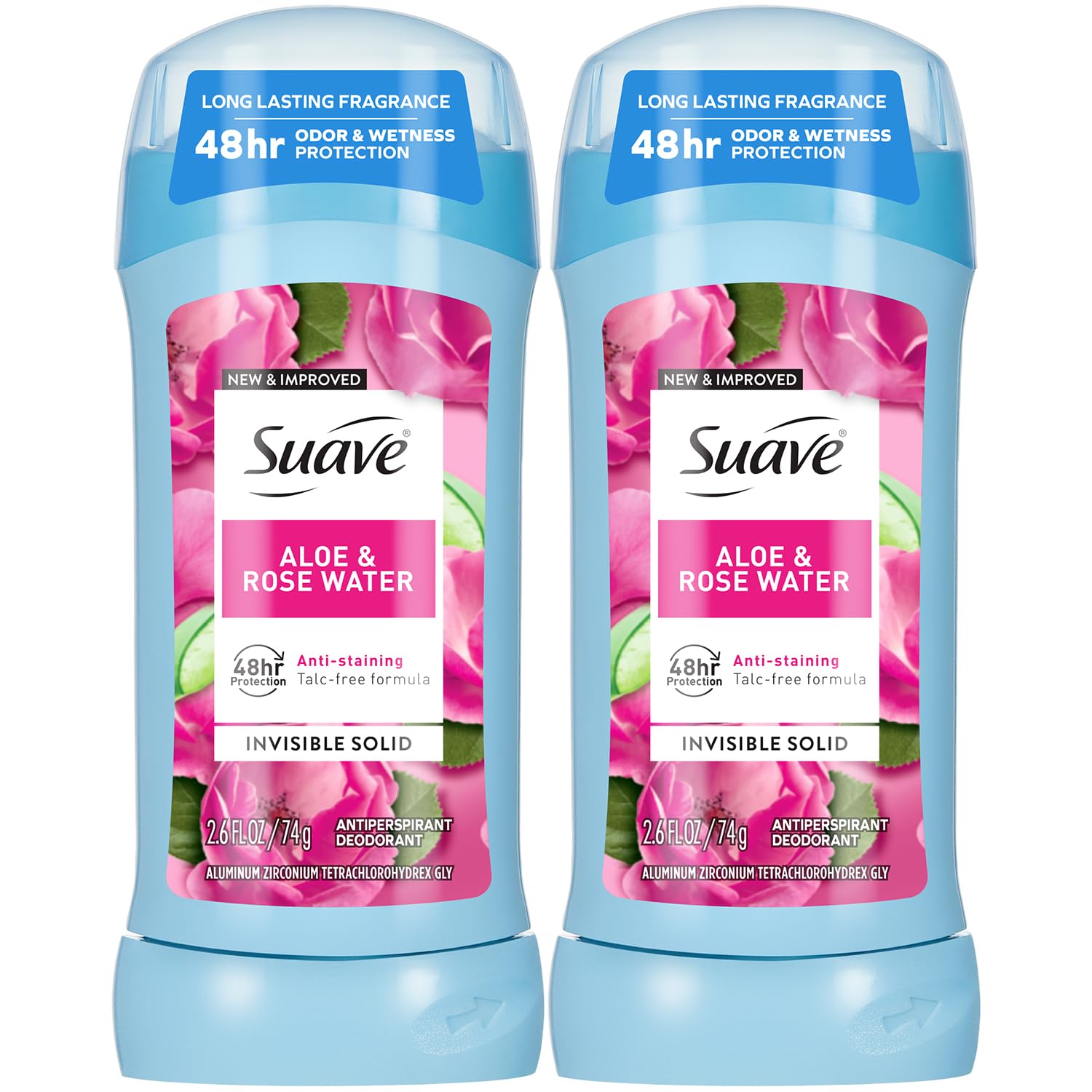 Suave Aloe & Rosewater 2-pack bundle showing fresh scent and everyday protection