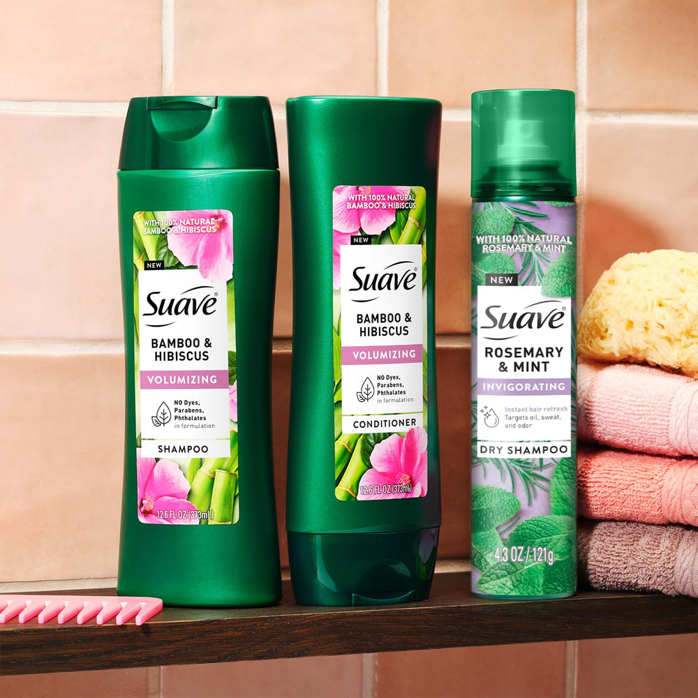 Close-up of Suave Bamboo Hibiscus fragrance notes in a bottle.