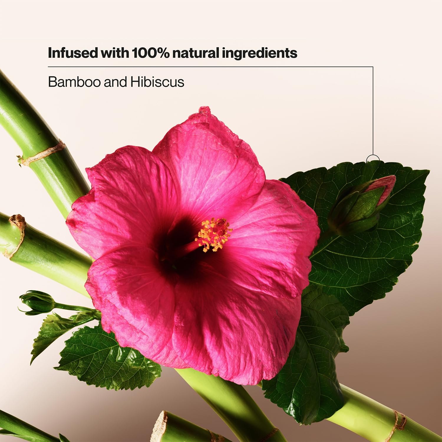 Suave ingredient closeup highlights bamboo and hibiscus for healthy-looking hair.