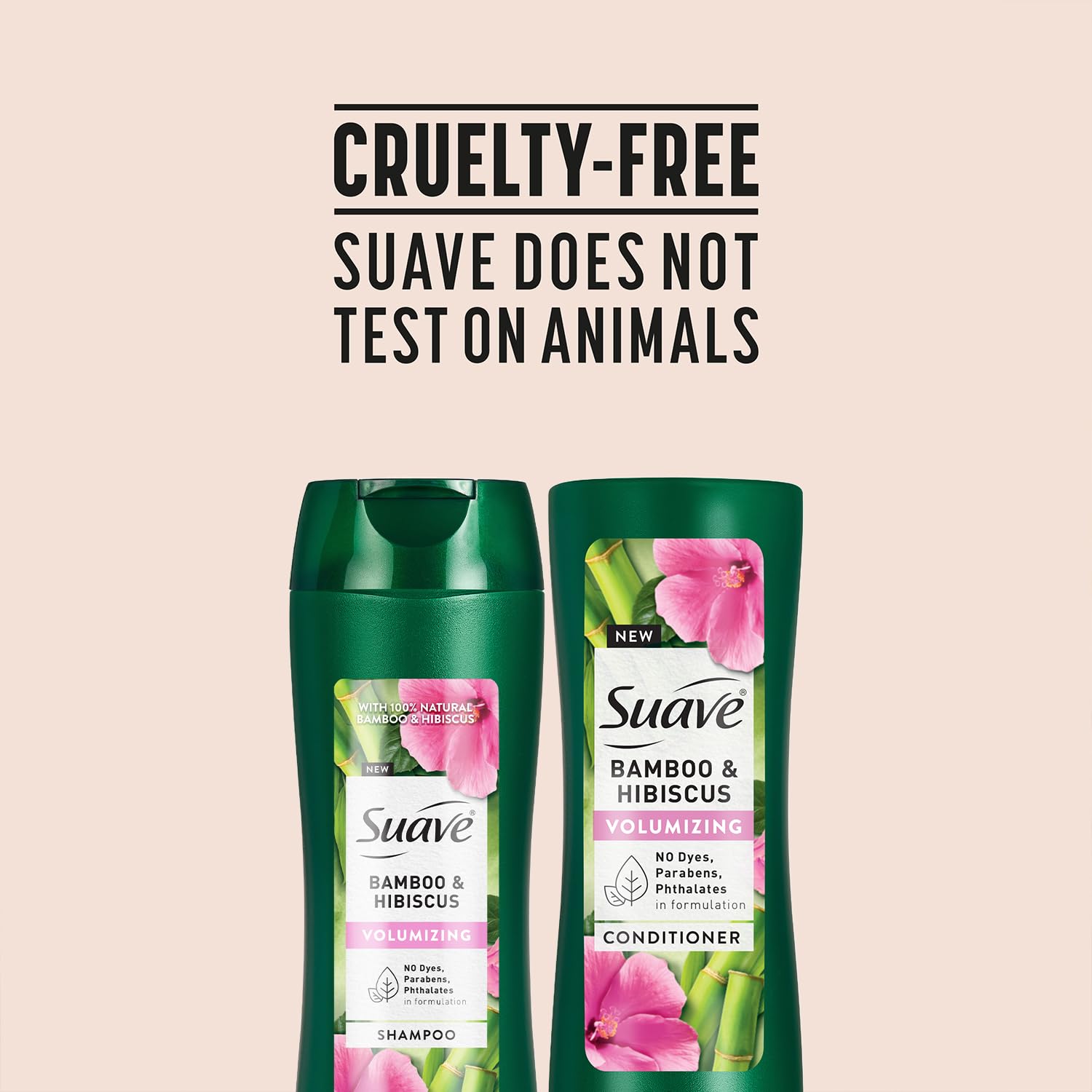 Suave bamboo hibiscus product display emphasizes cruelty-free commitment.