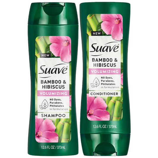 Suave bamboo hibiscus shampoo bottle showing volumizing formula for fine hair.