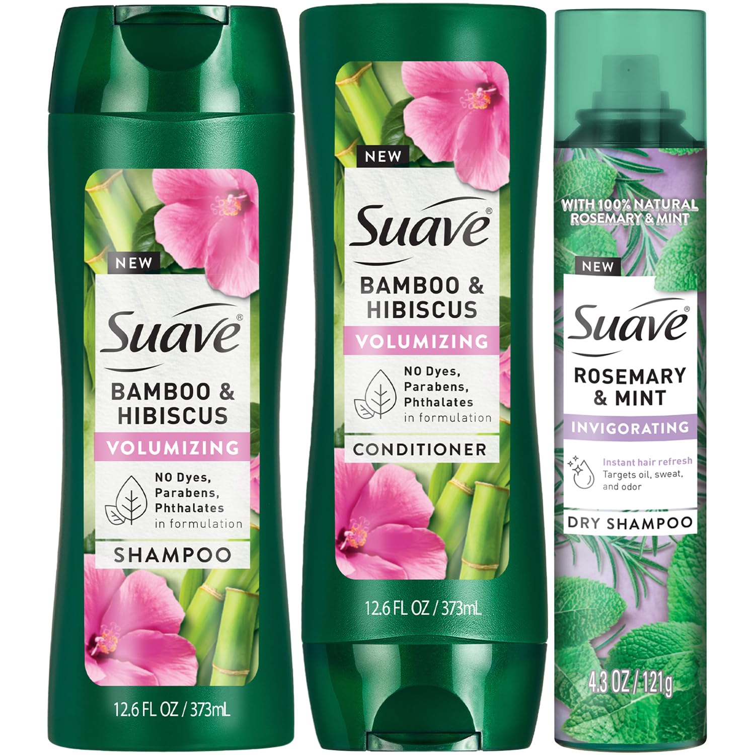 Suave Bamboo Hibiscus Shampoo bottle for lightweight cleansing and volume.
