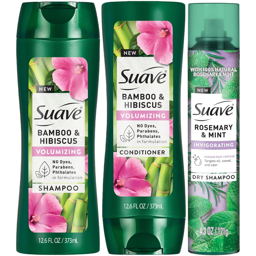 Suave Bamboo Hibiscus Shampoo bottle for lightweight cleansing and volume.