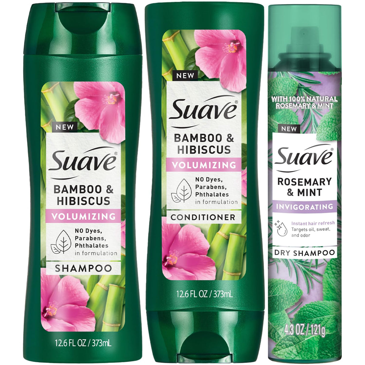 Suave Bamboo Hibiscus Shampoo bottle for lightweight cleansing and volume.