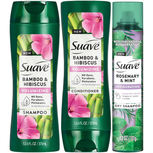 Suave Bamboo Hibiscus Shampoo bottle for lightweight cleansing and volume.