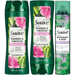 Suave Bamboo Hibiscus Shampoo bottle for lightweight cleansing and volume.