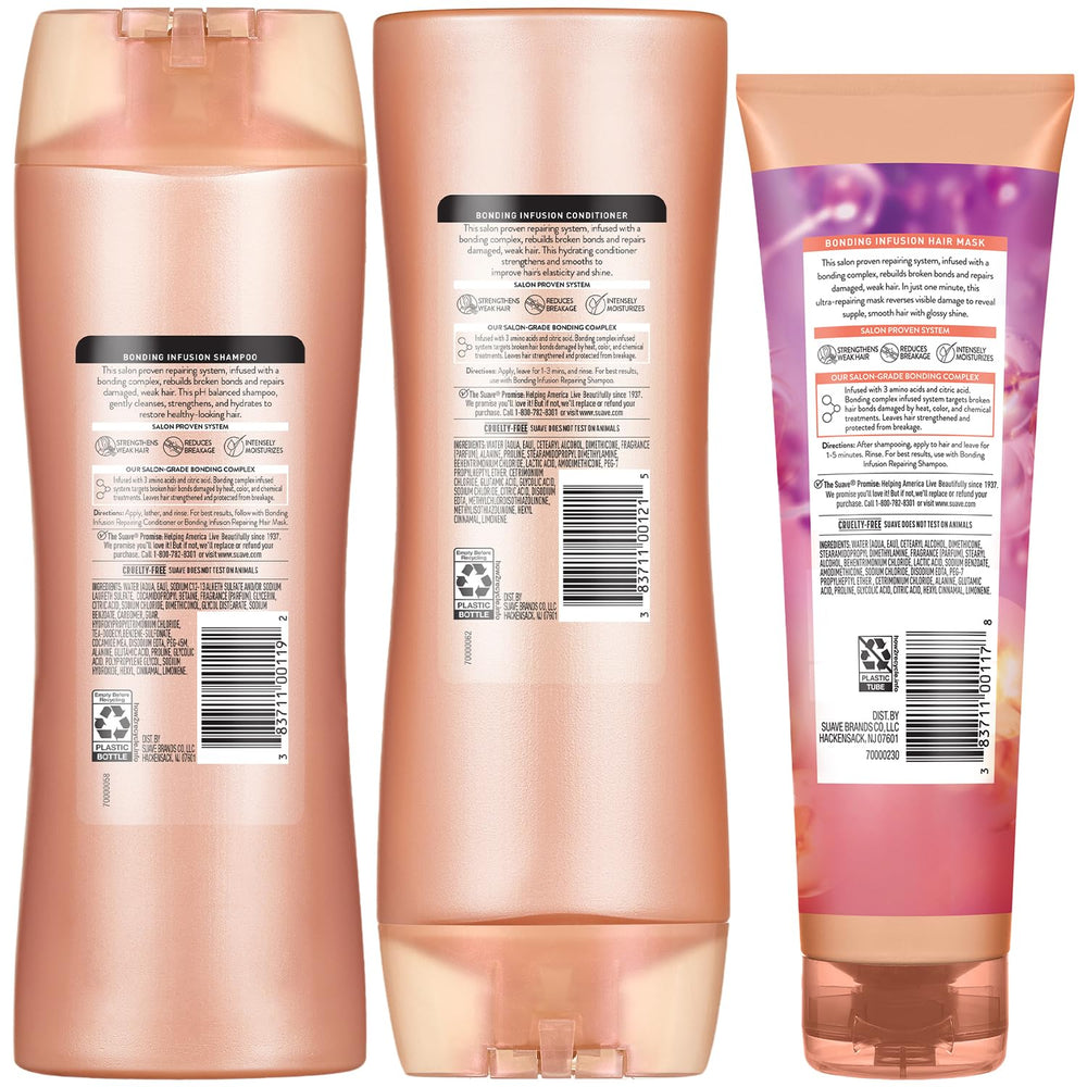 Suave Bonding Infusion Conditioner tube delivering silky, strengthened hair.