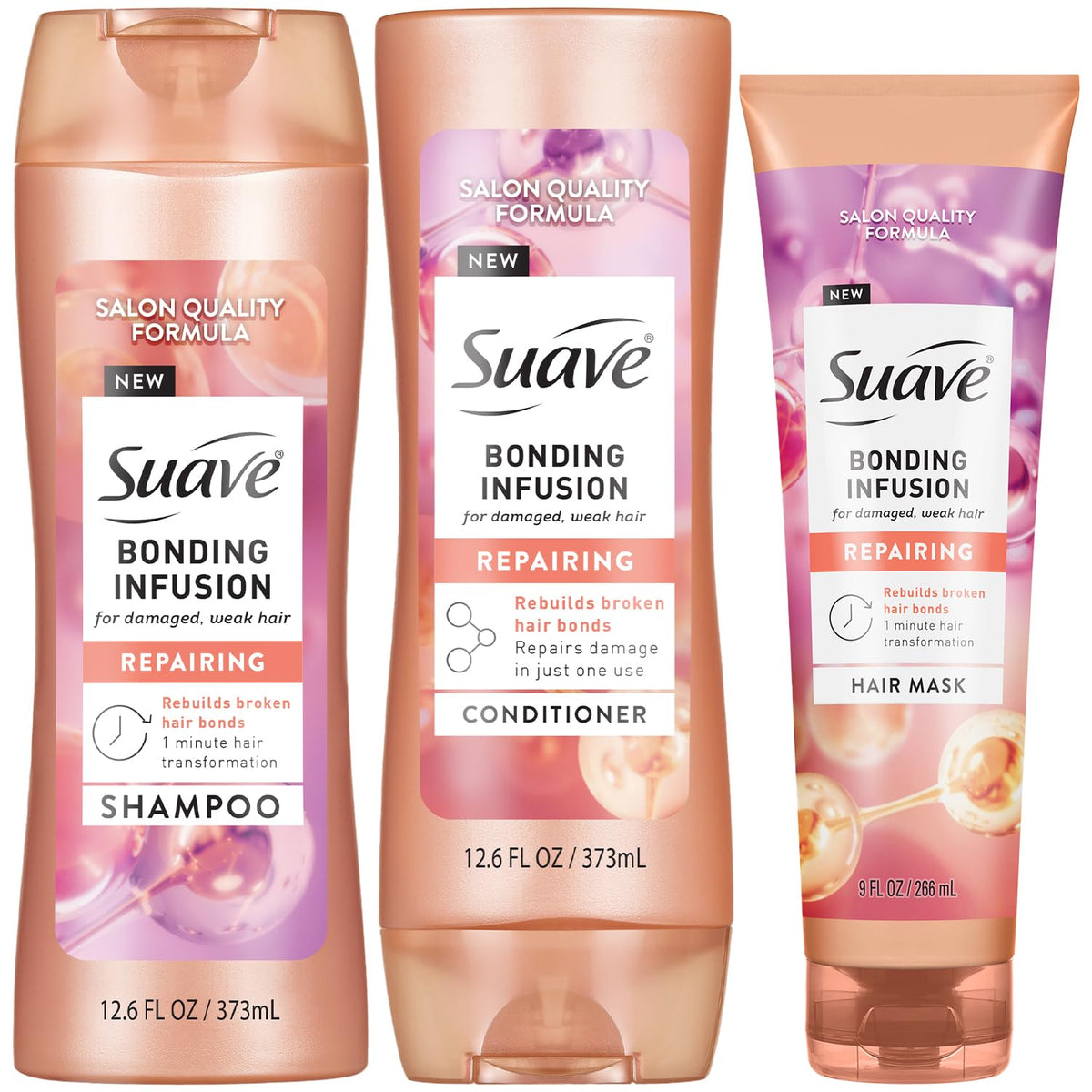 Suave Bonding Infusion Shampoo bottle ready for a hydrating wash.