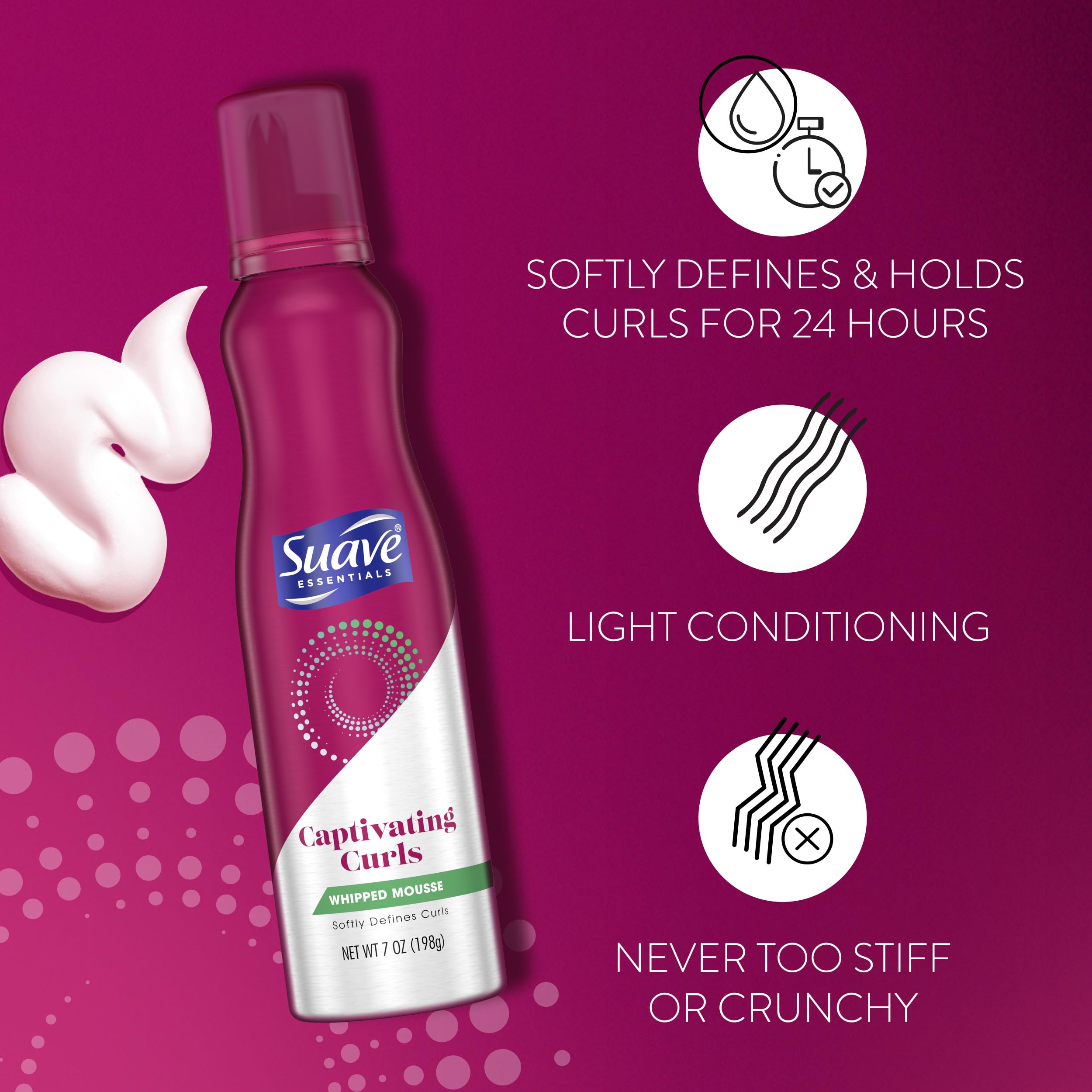 Hands applying Suave mousse to damp hair for frizz control and flexible hold