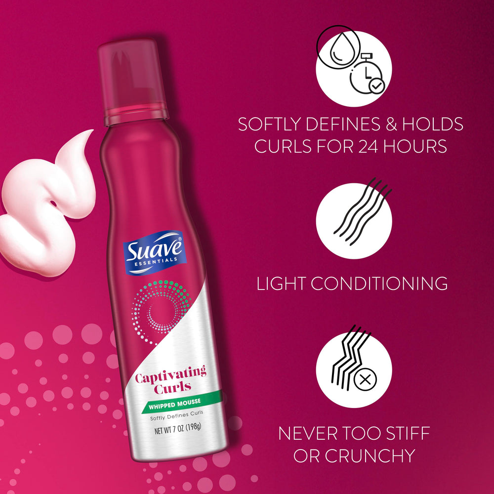 Hands applying Suave mousse to damp hair for frizz control and flexible hold