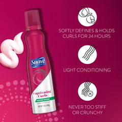 Hands applying Suave mousse to damp hair for frizz control and flexible hold