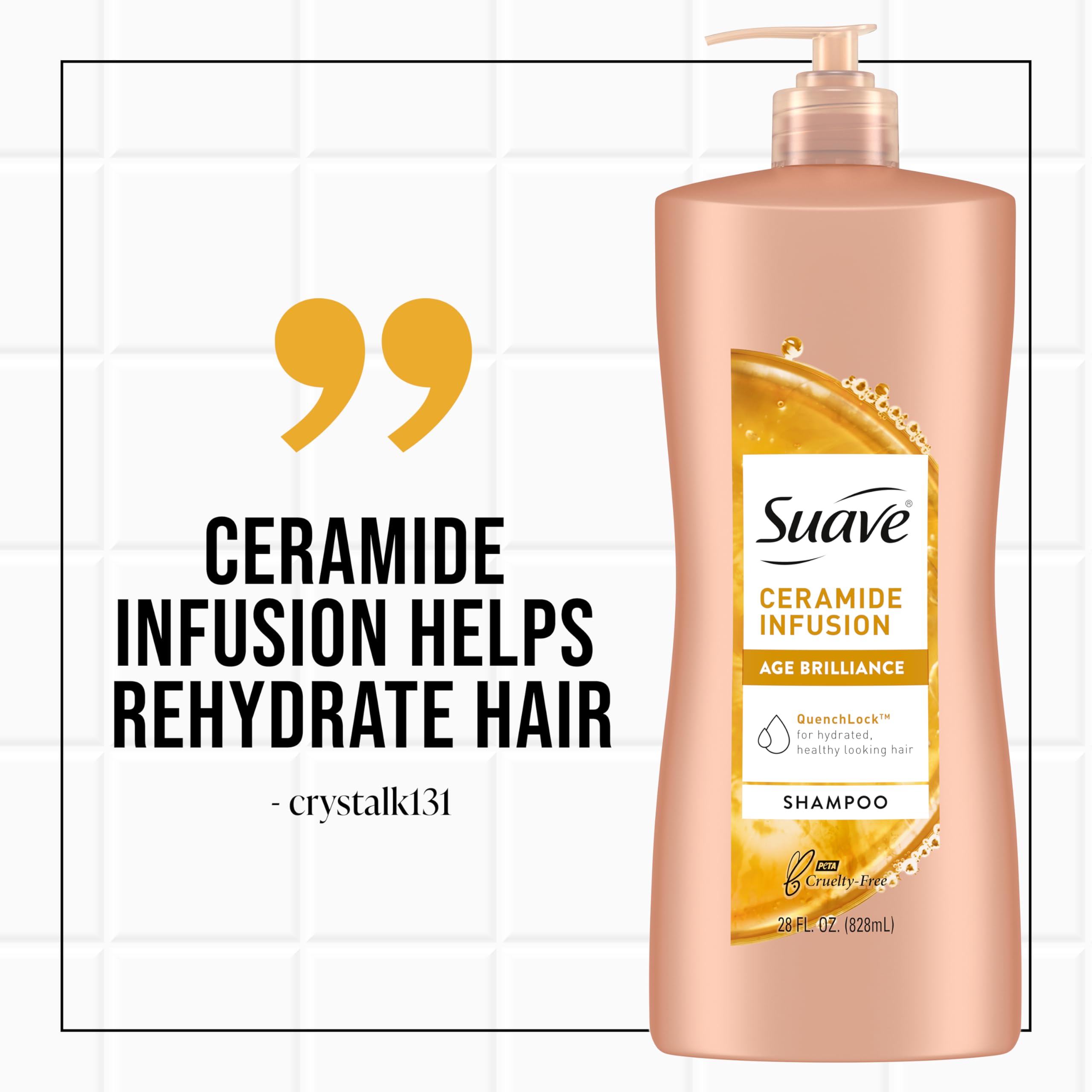 Anti-frizz action on hair after rinsing with Suave Ceramide Age Brilliance Shampoo.
