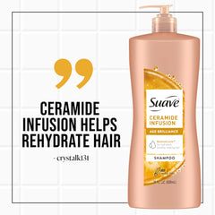 Anti-frizz action on hair after rinsing with Suave Ceramide Age Brilliance Shampoo.