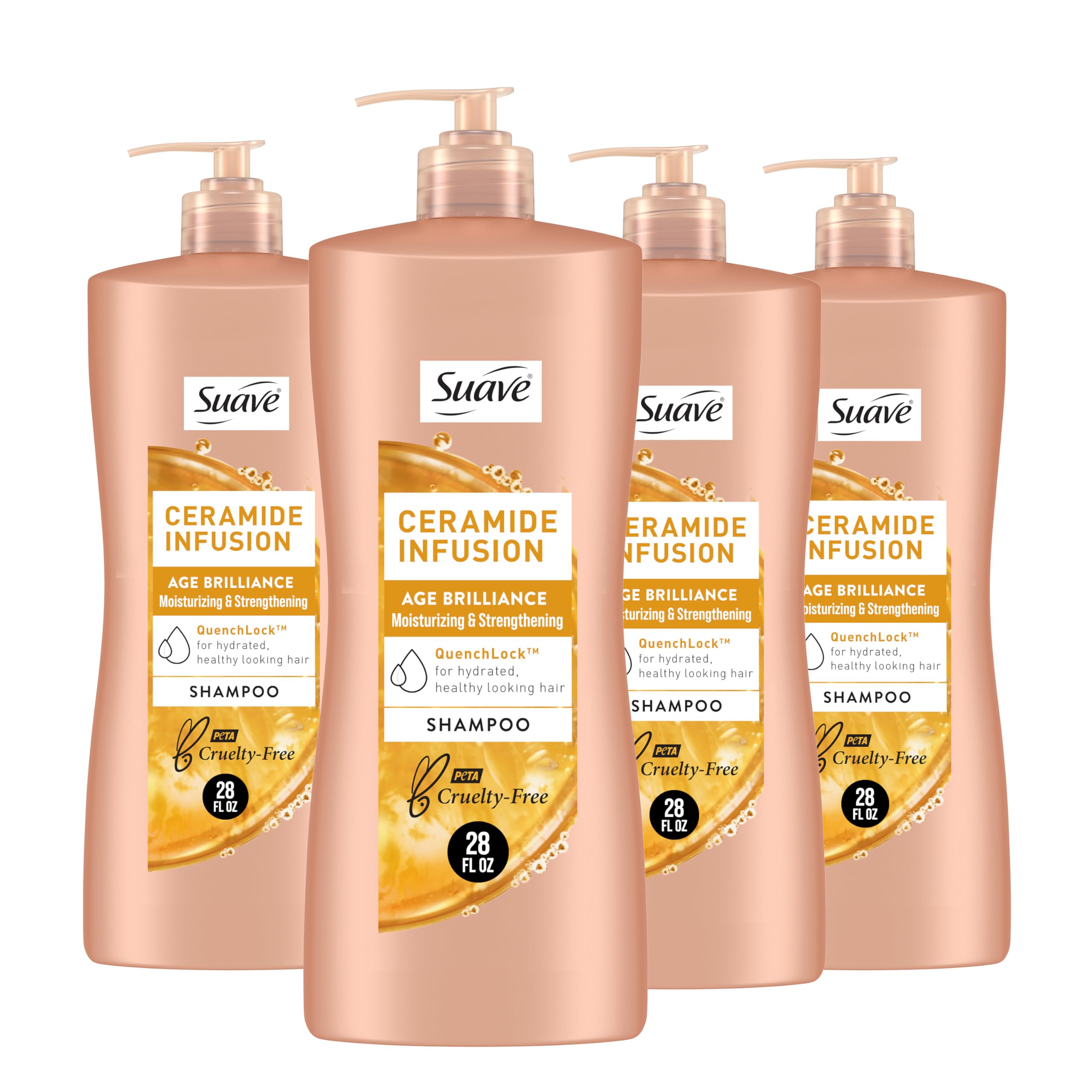 Suave Ceramide Age Brilliance Shampoo bottle delivering hydration for vibrant hair.