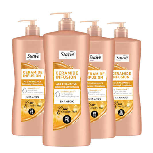 Suave Ceramide Age Brilliance Shampoo bottle delivering hydration for vibrant hair.