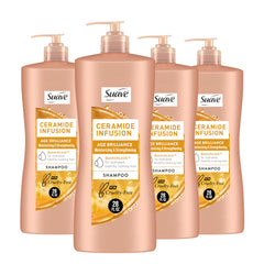 Suave Ceramide Age Brilliance Shampoo bottle delivering hydration for vibrant hair.